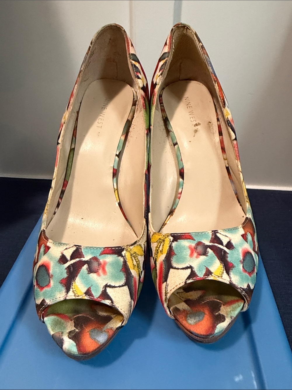 Nine West Multicolor Floral Peep-Toe Pumps in Turquoise, Coral & Yellow